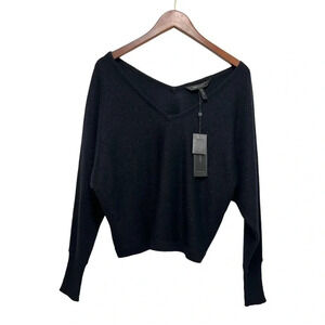 BCBG MAXAZRIA Batwing V-neck Sweater Black metallic Knit Size S NEW